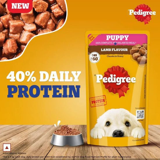 OTRFO16971-1 Pedigree Puppy Wet Dog Food, Lamb Flavour Chunks in Gravy, 130 g, Complete & Balanced Meal for Puppies - Image 1