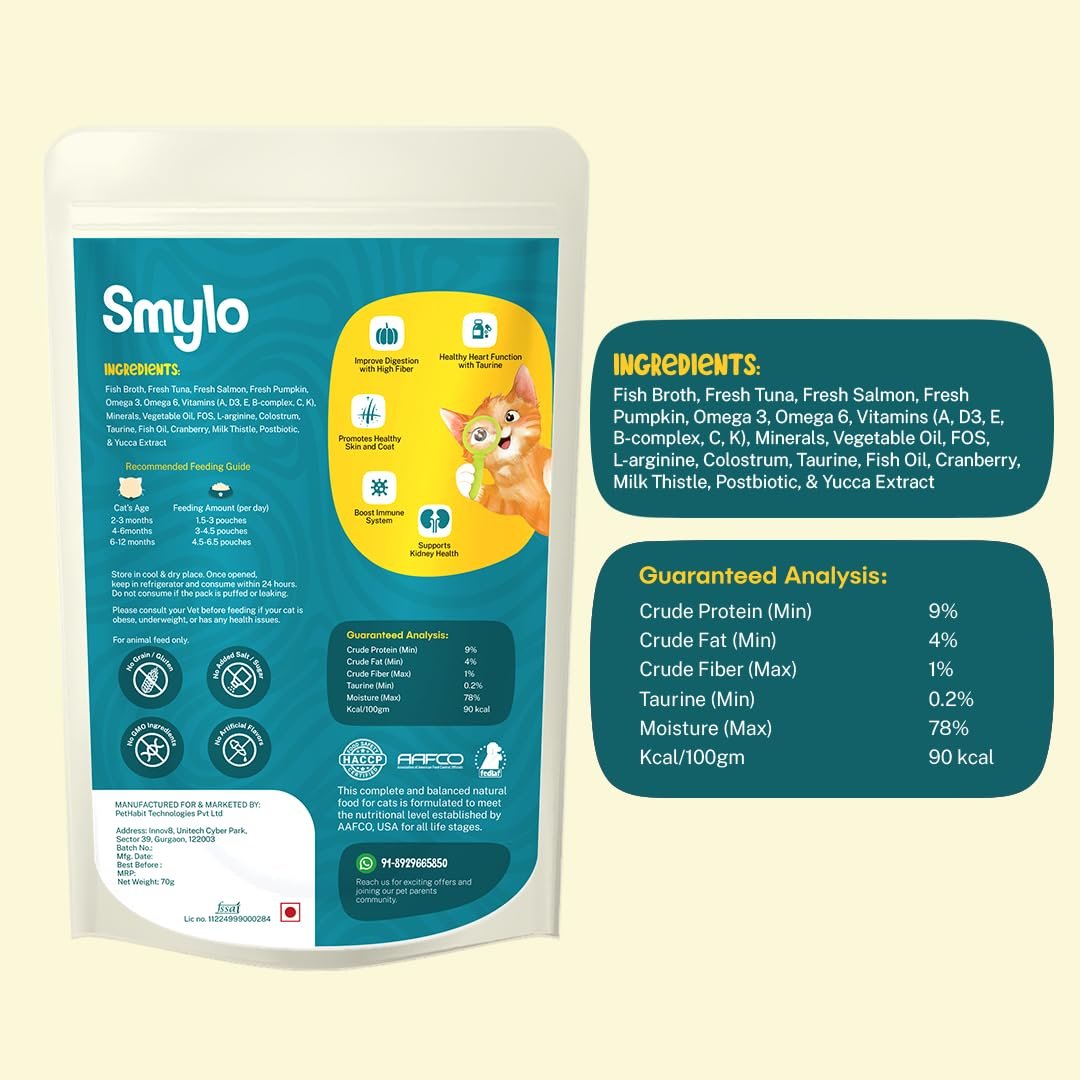 61d2BqFwmOL._SL1080_1222 Smylo Natural Healthy Adult Cat Wet Food (1+ Yrs) 70g x 12 Packs | Tuna, Salmon, & Pumpkin | for Healthy Skin & Coat, Supports Digestion | Grain Free, No Preservatives or by-Products | Vet-Formulated - Image 1