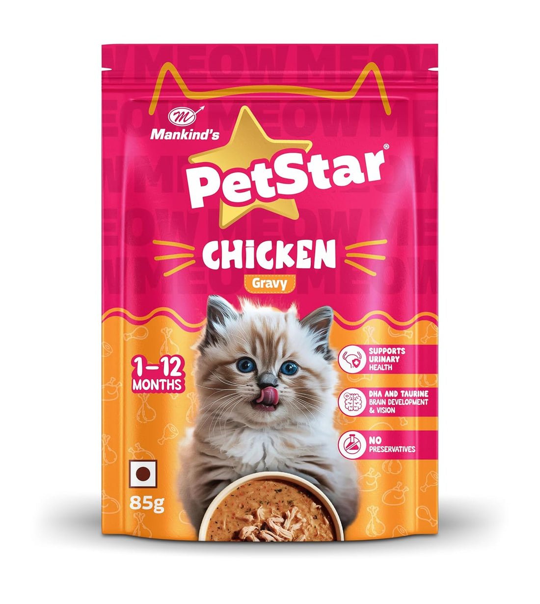 81csQ79lO3L._SL1500 Mankind PetStar Chicken Gravy Wet Cat Food for Kittens (1–12 Months) | DHA & Taurine Support | 85 g Pouch, Pack of 15 - Image 1