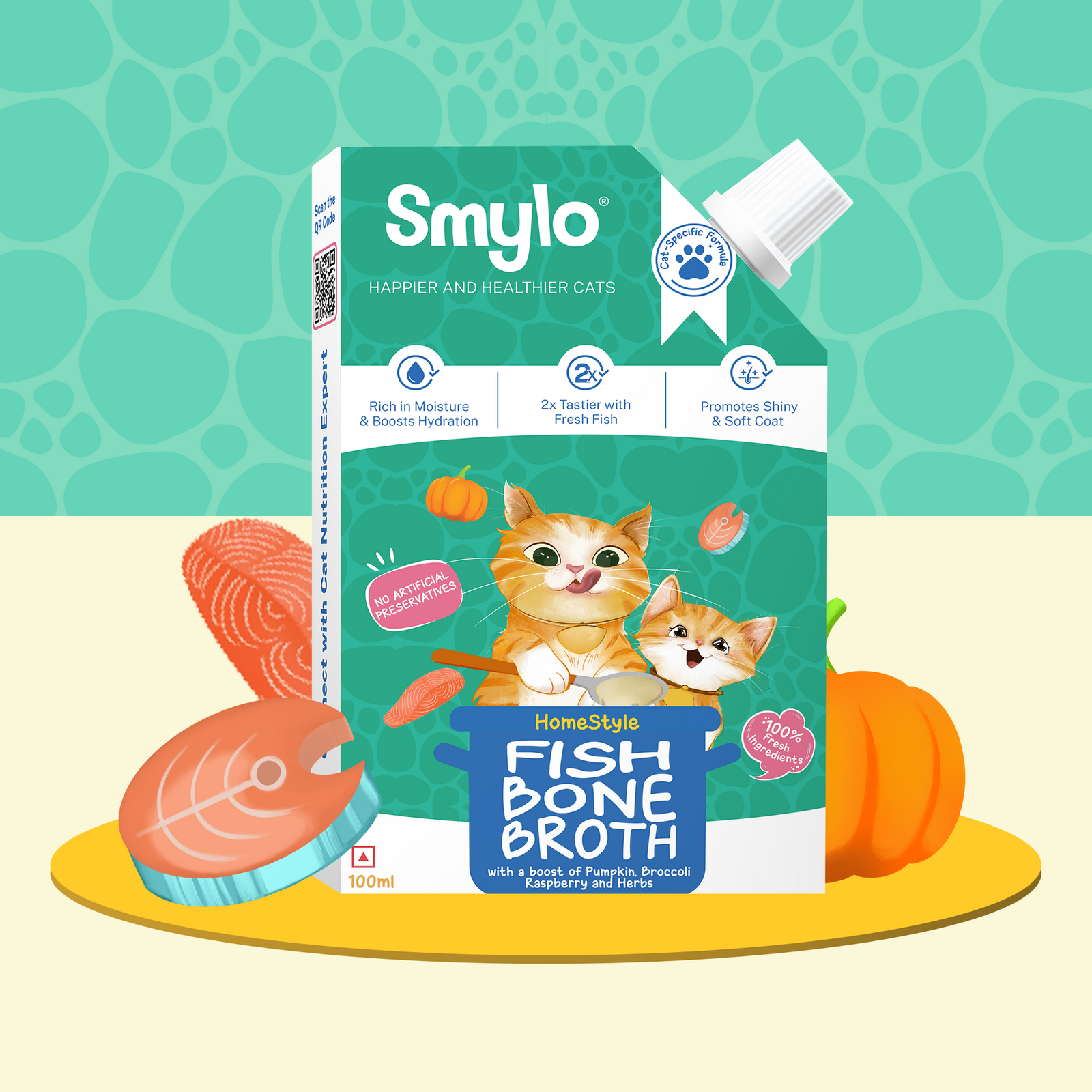 FISH-BROTH-SINGLE_PACK Smylo Summer Cooler, Hydration Rich Fish Bone Broth for Cats (100ml x 3 Packs) | Best with Dry Food | Rich in Collagen for Bones & Joints | Omega 3 & 6 for Shiny Fur & Coat | Cat Food Topper 7% off - Image 1