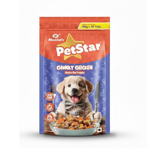 Frame1707487506_1_600x Mankind Petstar Puppy Wet Dog Food (High Protein) Chunky Chicken Gravy, 120g (Pack of 10) | Made with Real Chicken & Veggies |Puppy Dog Food| No Artificial Flavors - Image 1