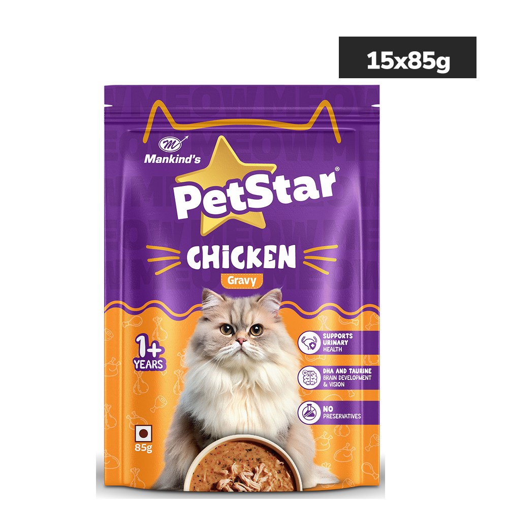 Frame1707487892_2cead8c6-b056-4746-93db-aa6c48eb1c14_1800x1800 Mankind PetStar Chicken Gravy Wet Cat Food for Adult Cats (1+ Years) | DHA & Taurine Support | 85 g Pouch, Pack of 15 - Image 1